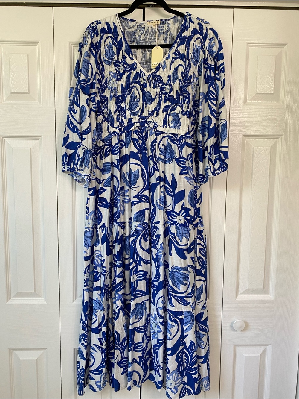 NWT JODIFL Blue and White Floral Maxi Dress with Smocked Bodice